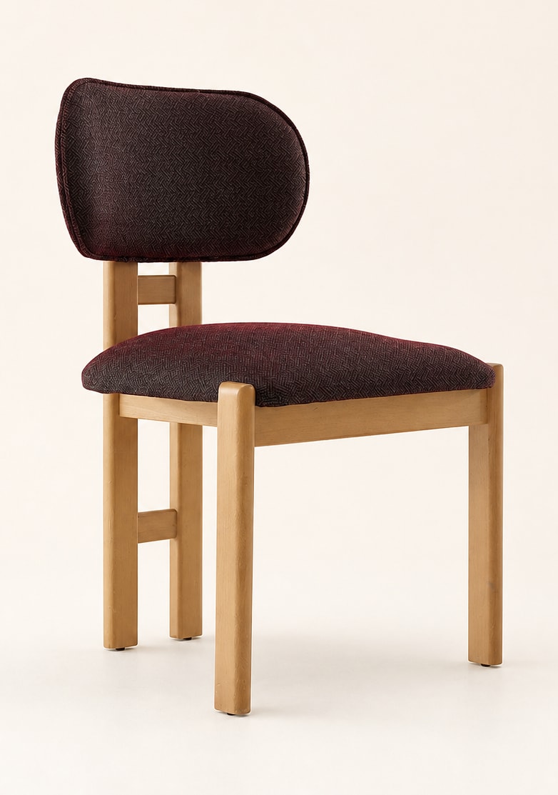 Petit chair with a light wood appearance and burgundy upholstery