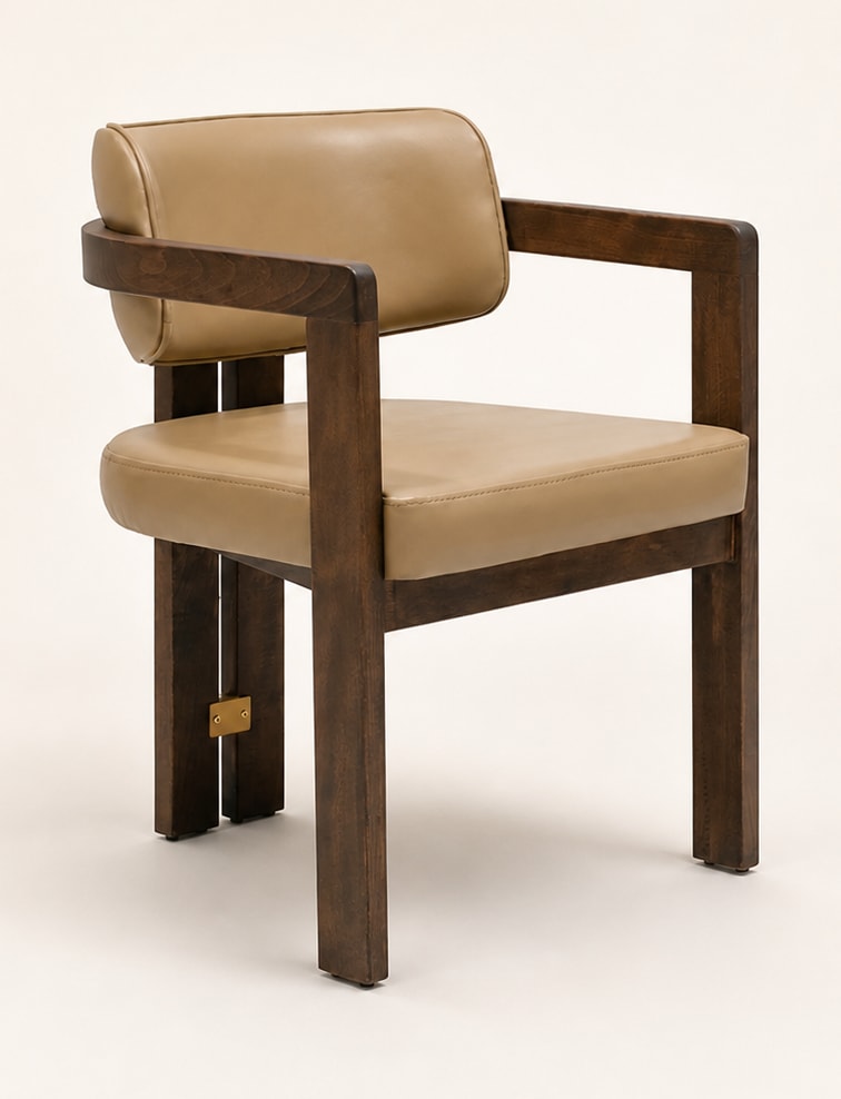 Geometric T armchair with a dark wood-look frame and tan upholstery
